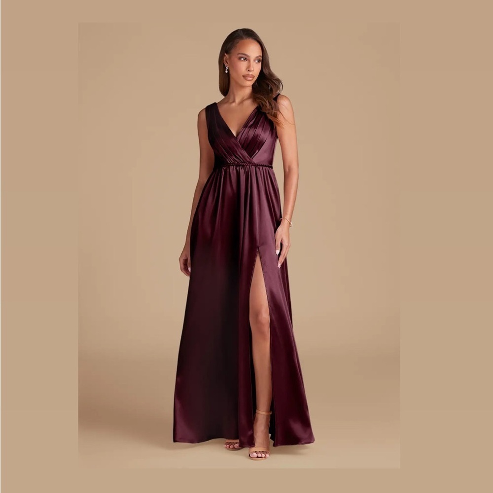 Azazie Tanicia Cabernet A-Line Pleated Metallic Satin Dress